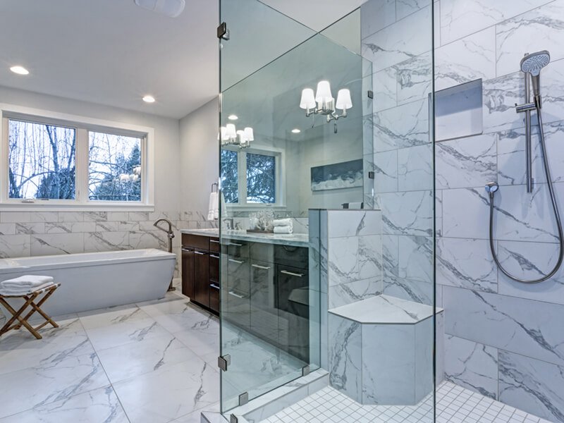 master bathroom with Carrara marble tile